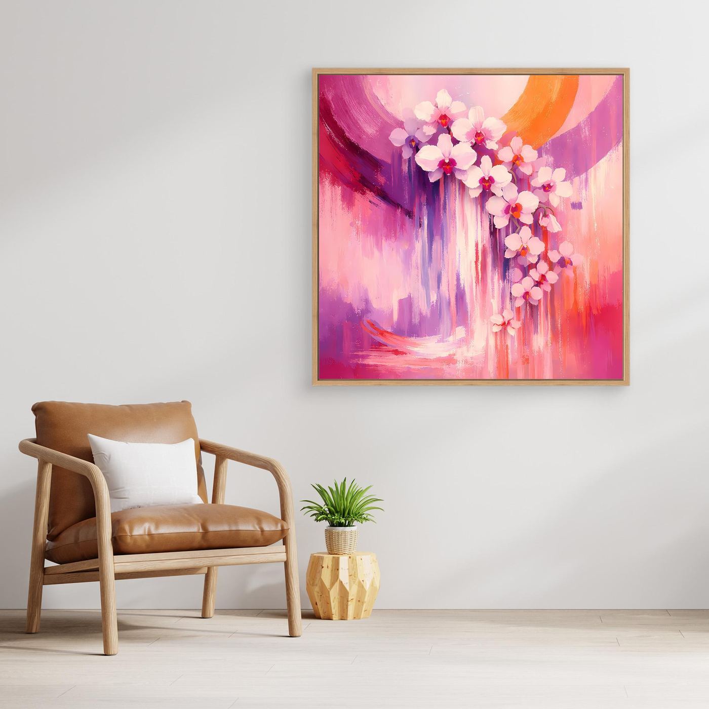 Gerahmtes quadratisches Leinwandbild mit abstrakter Orchidee in Pink-, Lila- und Orangetönen