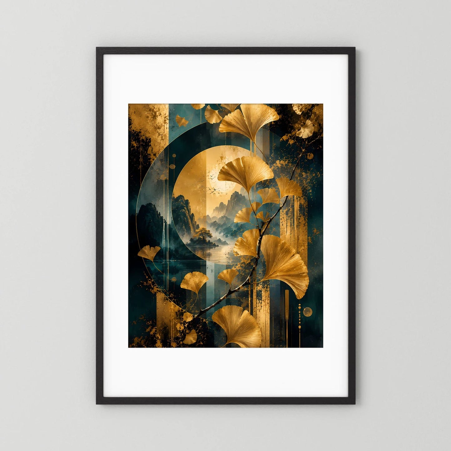 Ginkgo-Poster im Hochformat mit schwarzem Rahmen und weißem Passepartout, goldene Blätter