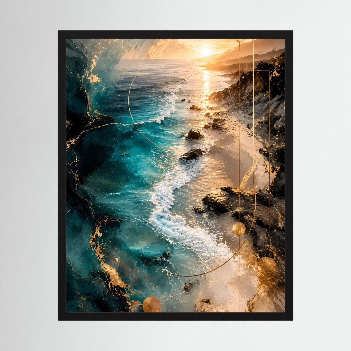 Gerahmtes Poster im Hochformat: türkisblaues Meer, goldener Sonnenuntergang, Küste