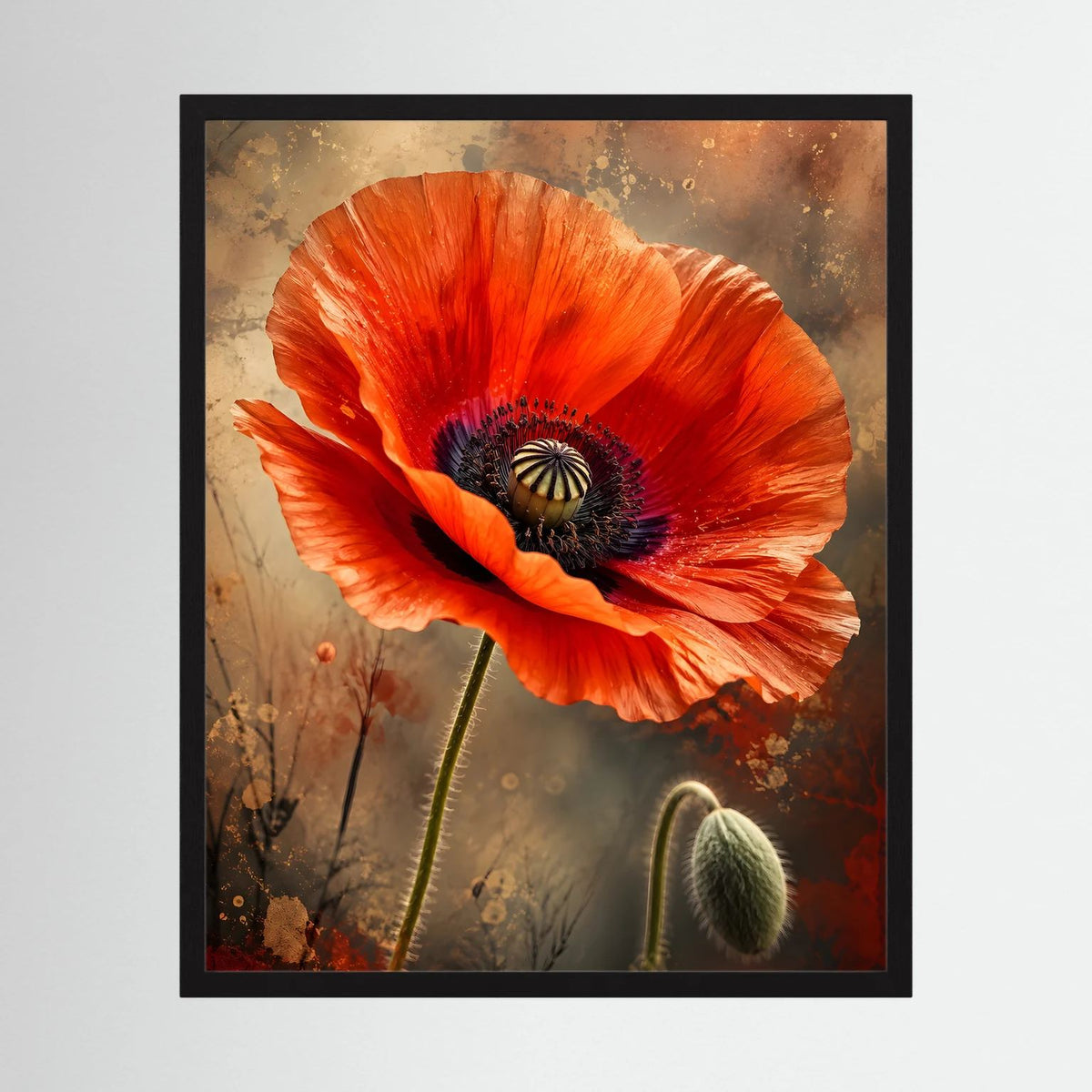 Gerahmtes Poster (Hochformat) mit roter Mohnblüte in kunstvoller Nahaufnahme, schwarzer Rahmen