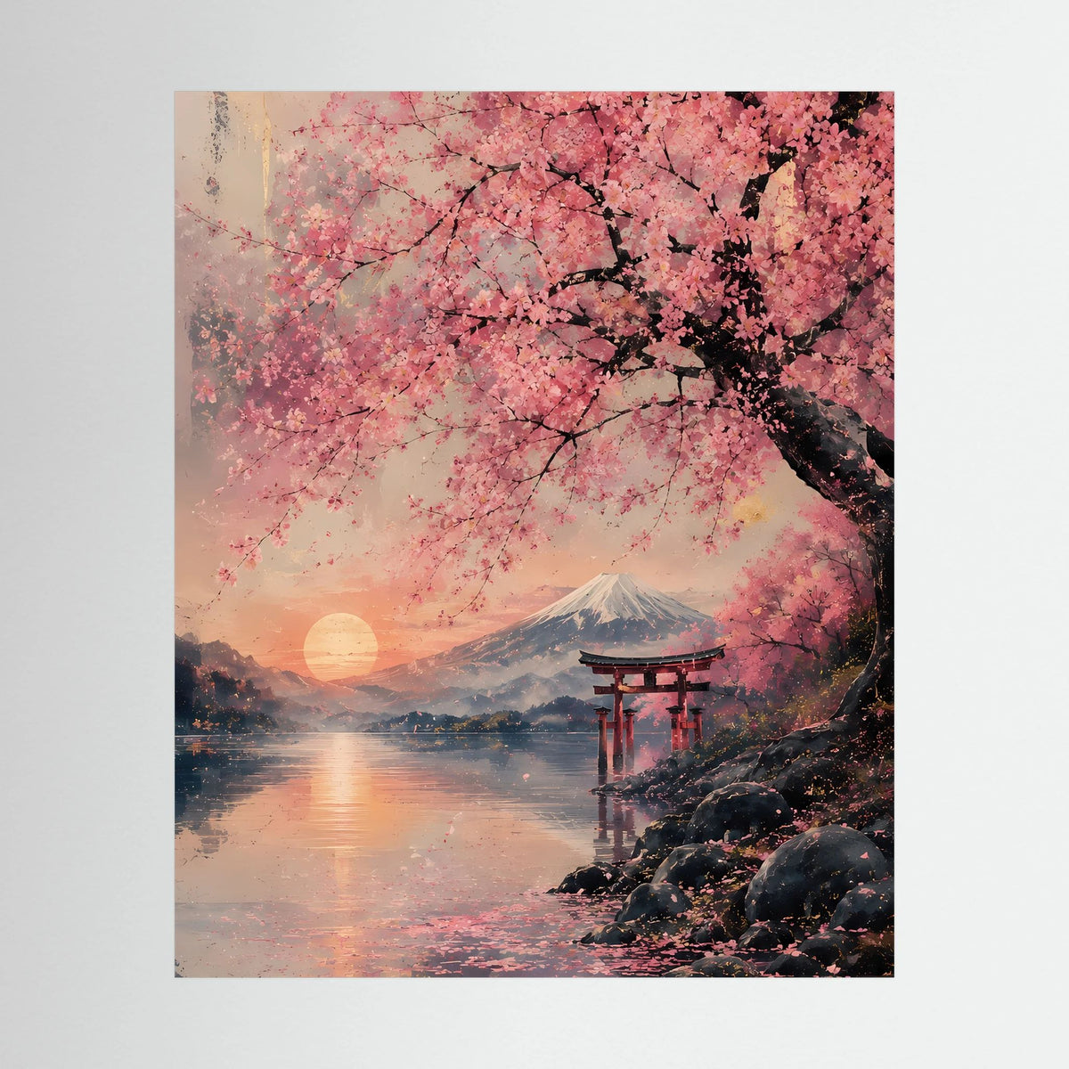 Poster im Hochformat mit rosa Kirschblüten über Wasser, Fuji im Hintergrund und Torii