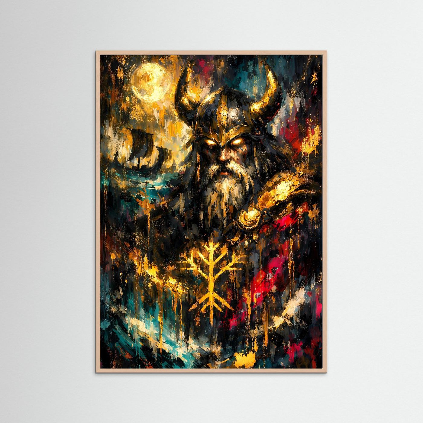 Wikinger-Poster im Hochformat mit Odin-Rabe, Runenbaum und rosafarbenem Holzrahmen, abstrakt
