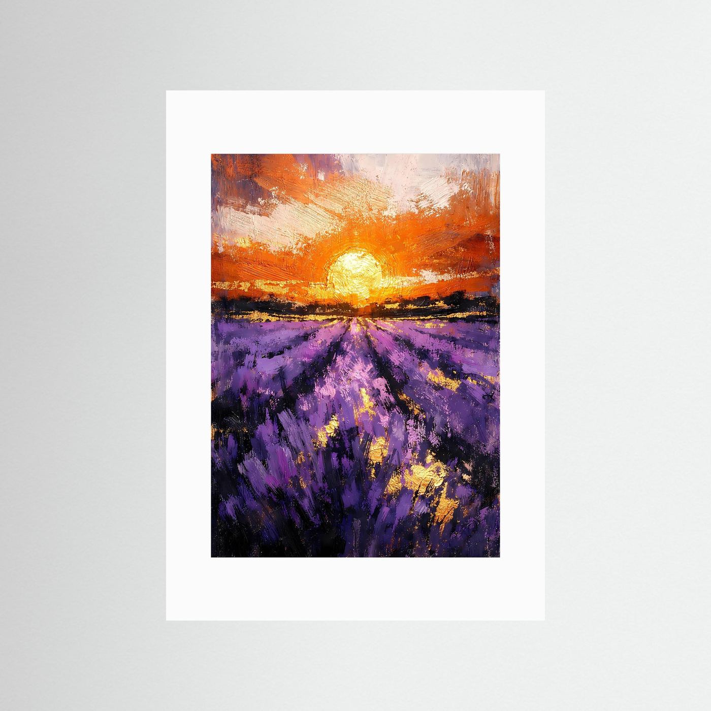 Unge­rahmtes Hochformat-Wandposter auf weißem Passepartout: Lavendelfeld bei Sonnenuntergang