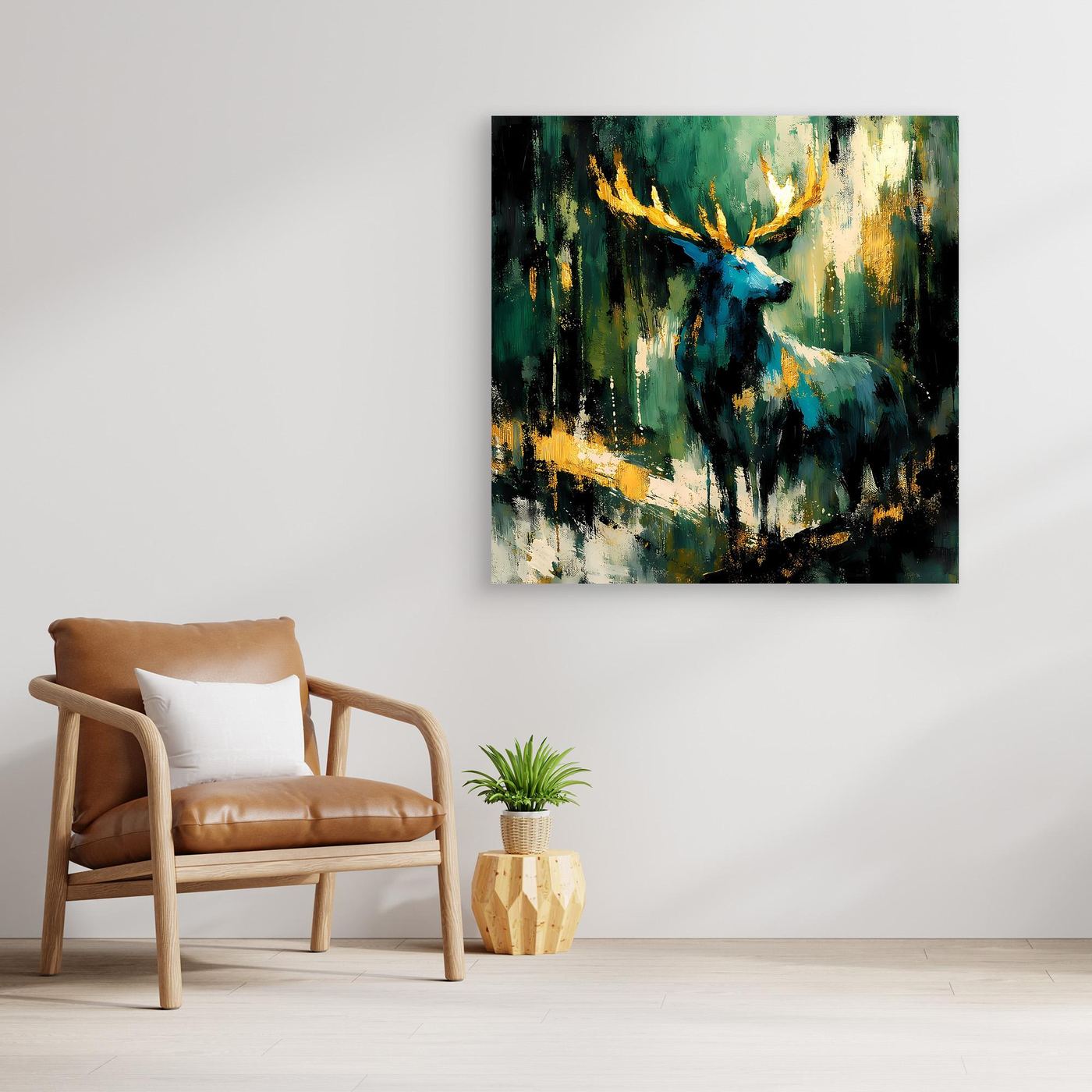 Leinwandbild mit abstraktem Hirsch in Grün, Blau und Gold, ohne Rahmen