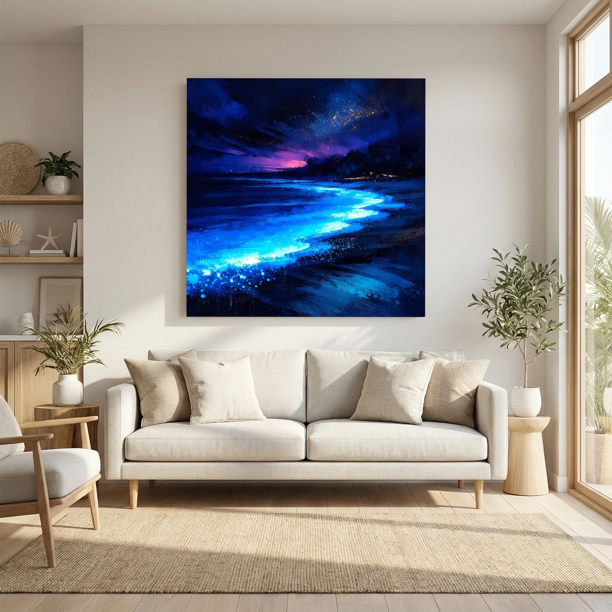 Leinwandbild mit leuchtendem Strandweg bei Nacht, blauem Schein und violettem Himmel