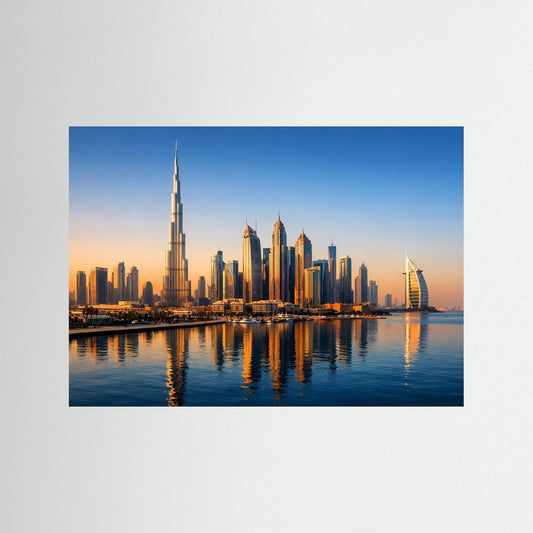 Stadtposter Panorama mit Dubai-Skyline bei Sonnenuntergang, blau eingefasst, ohne Rahmen.