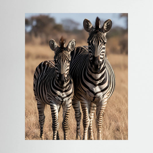 Poster im Hochformat mit zwei Zebras, Muttertier und Jungtier, schwarz-weiße Streifen