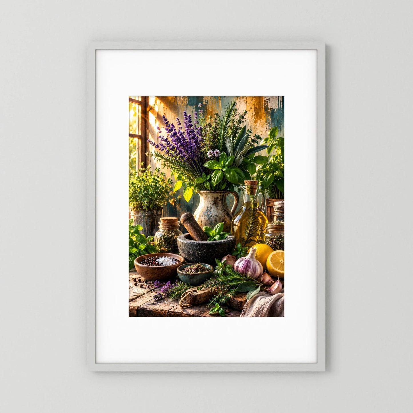 Hochformat-Poster mit Kräuterstillleben: Lavendel, Basilikum und Gewürze in Vase, Holzrahmen