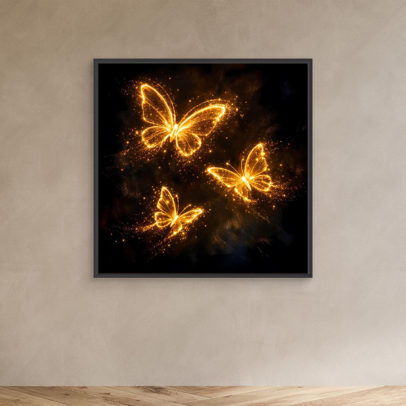Premium Leinwand Leuchtende Schmetterlinge in Gold | Elegantes Fantasy Wandbild abstrakt