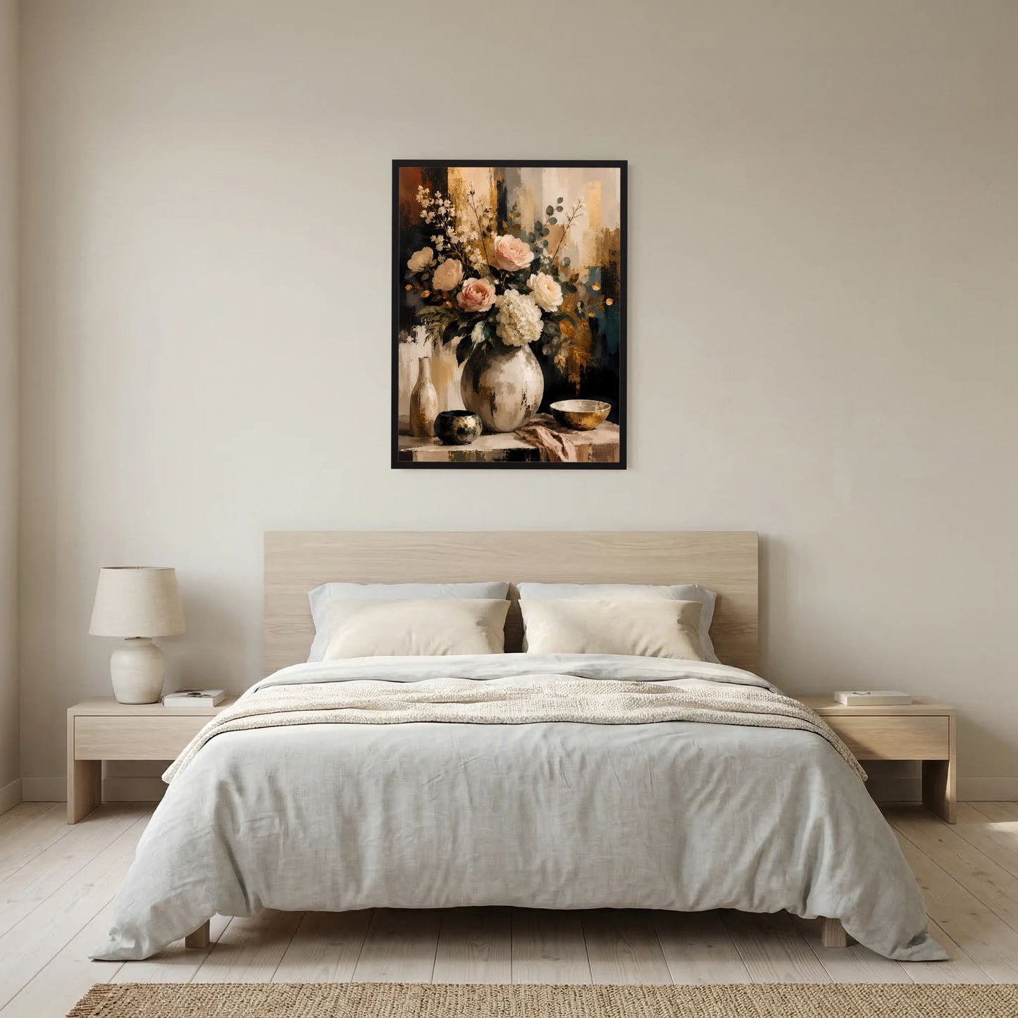 Blumenstillleben-Poster mit Rosen und Hortensien, im schwarzen Rahmen