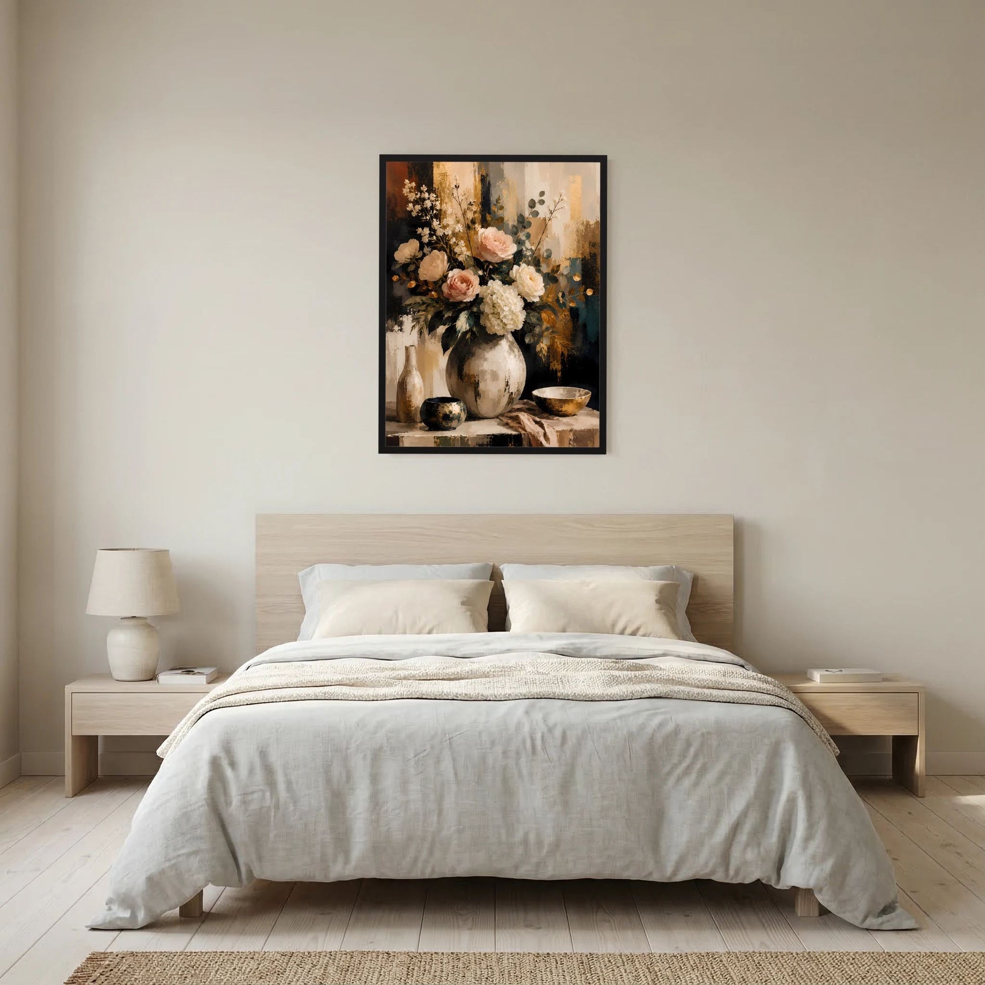Blumenstillleben-Poster mit Rosen und Hortensien, im schwarzen Rahmen