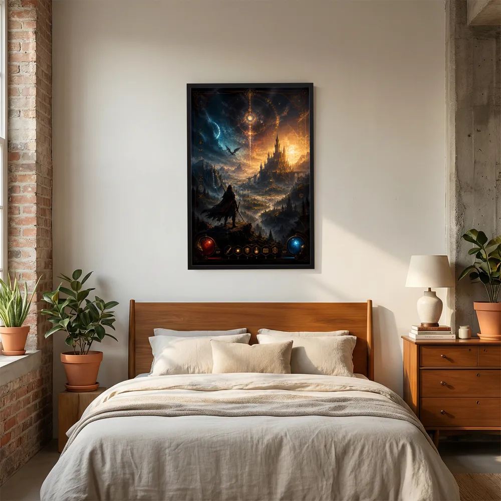 Magisches Burg-Kunstposter im Hochformat mit Burg in Flammenlicht, Krieger & Drache, schwarz gerahmt