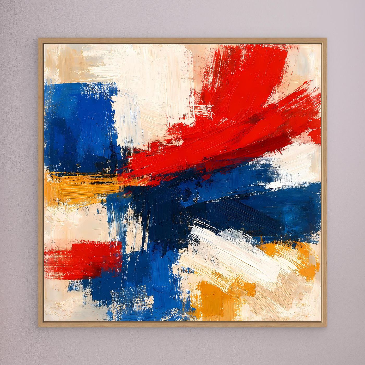 Abstract canvas wall art with red and blue brushstrokes, oak wood frame