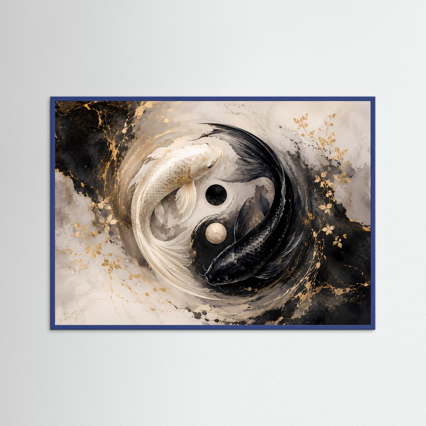 Leinwandbild mit Yin-Yang-Koi: schwarze und weiße Fische, goldene Sprenkel, blauer Rahmen
