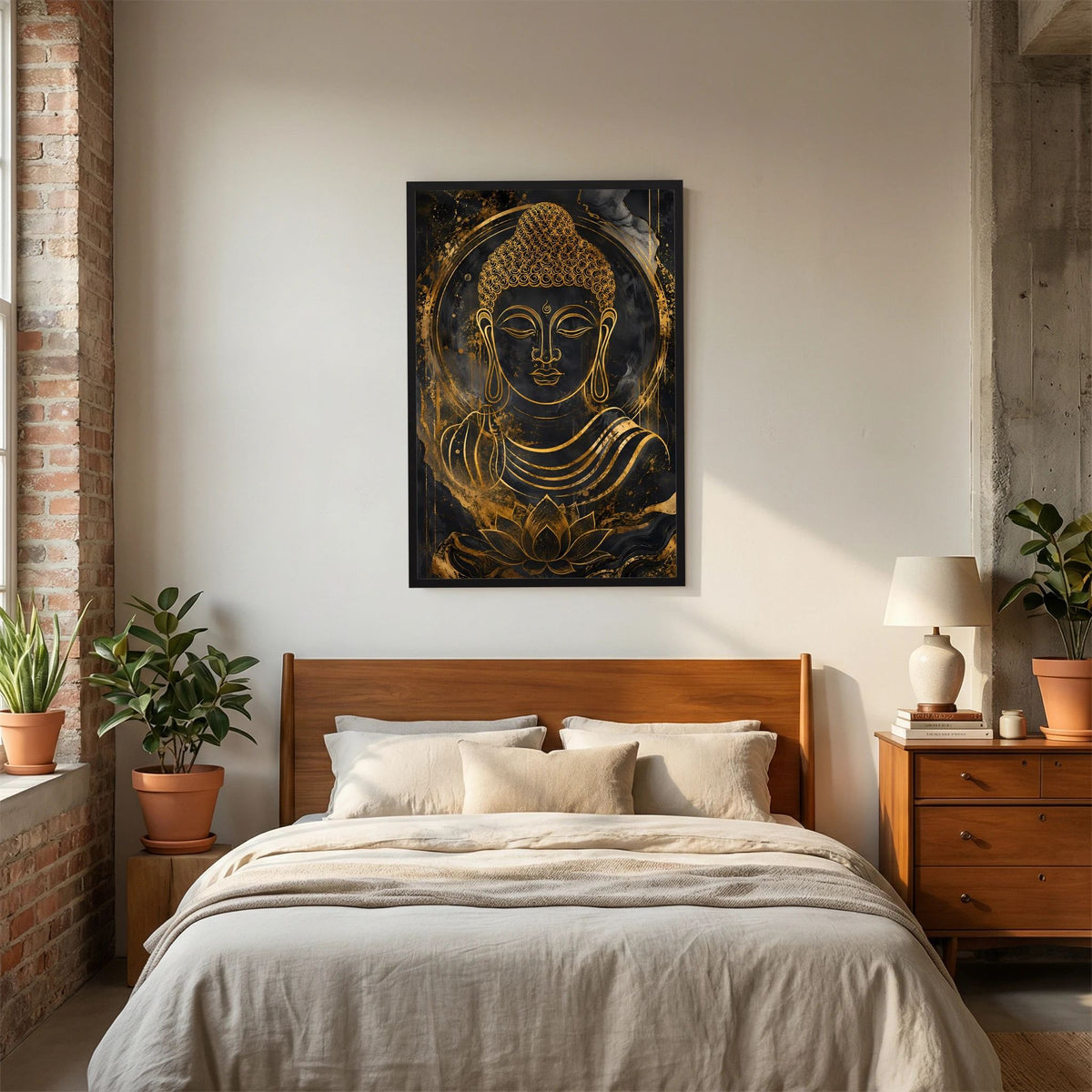 Buddha-Poster Hochformat mit goldener Buddha-Illustration und Lotusmotiv im schwarzen Rahmen
