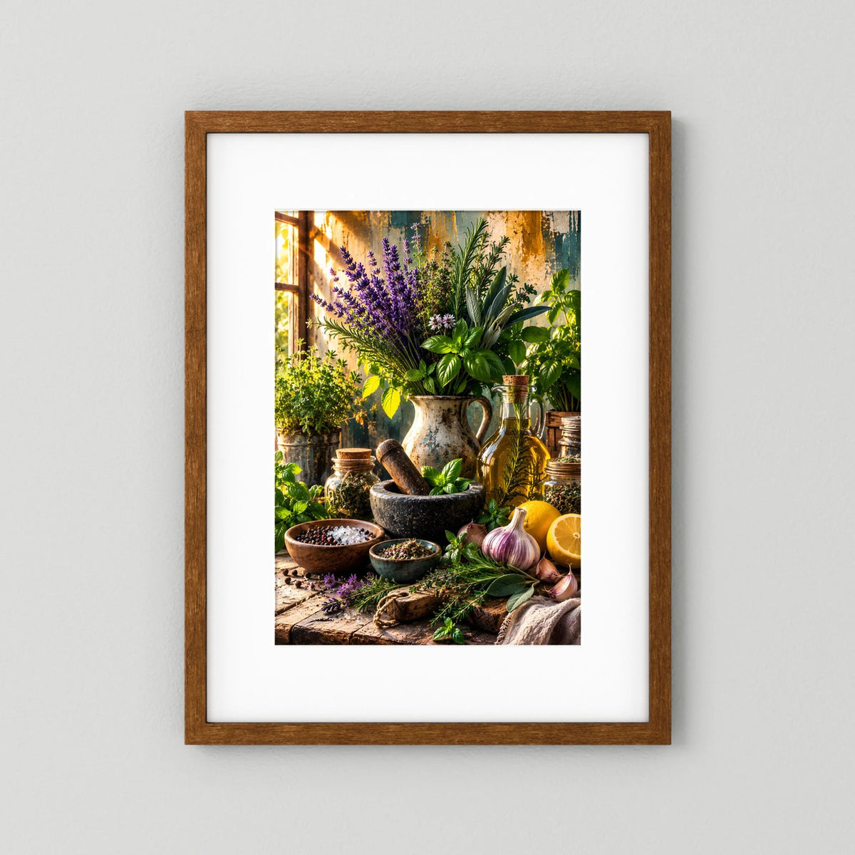 Gerahmtes Kräuter-Poster (dunkles Holz) mit Lavendel und Basilikum in Töpfen