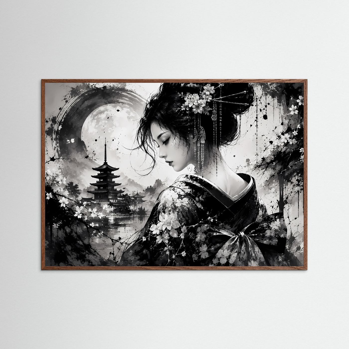 Geisha Poster Schwarz Weiß | Japanische Pagode & Vollmond | Sumi-e Wandbild | Asiatische Zen Kunst | Moderne Japan Wall Art