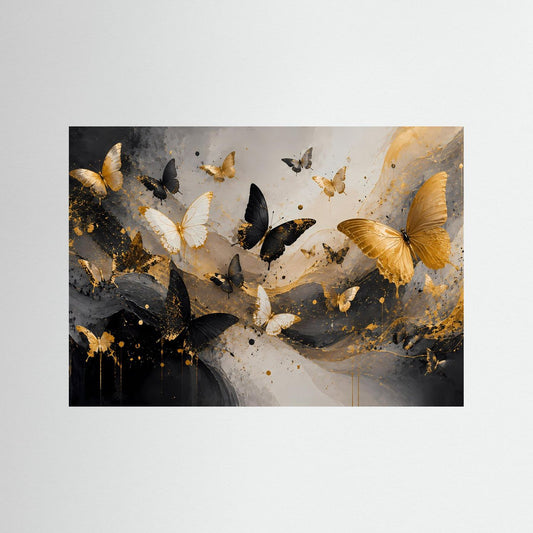 Schmetterlingskunst-Wandbild: schwarze, weiße und goldene Schmetterlinge, Querformat