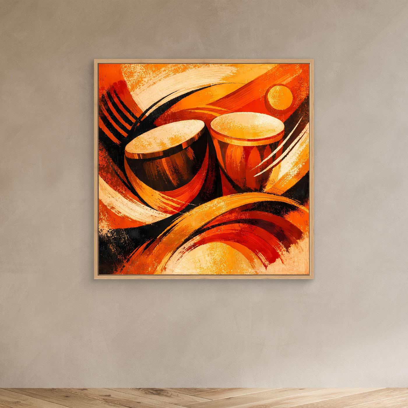 Leinwandbild klein mit hellem Rahmen, Trommeln und Sonnenkreise in Warmrot und Creme