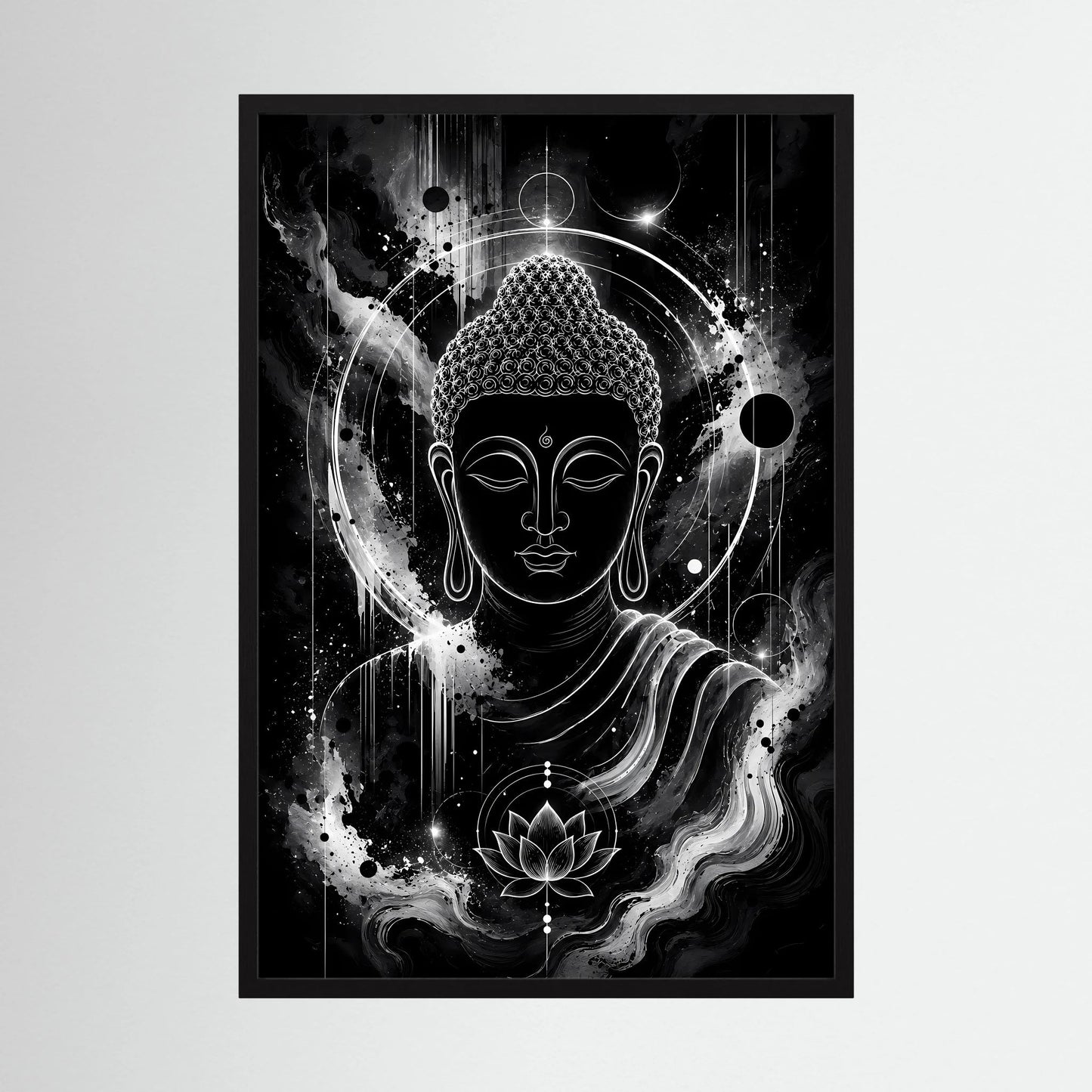Schwarzweiß-Poster mit Buddha-Gesicht, Lotusblüte und kosmischer Aura, in schwarzem Rahmen.
