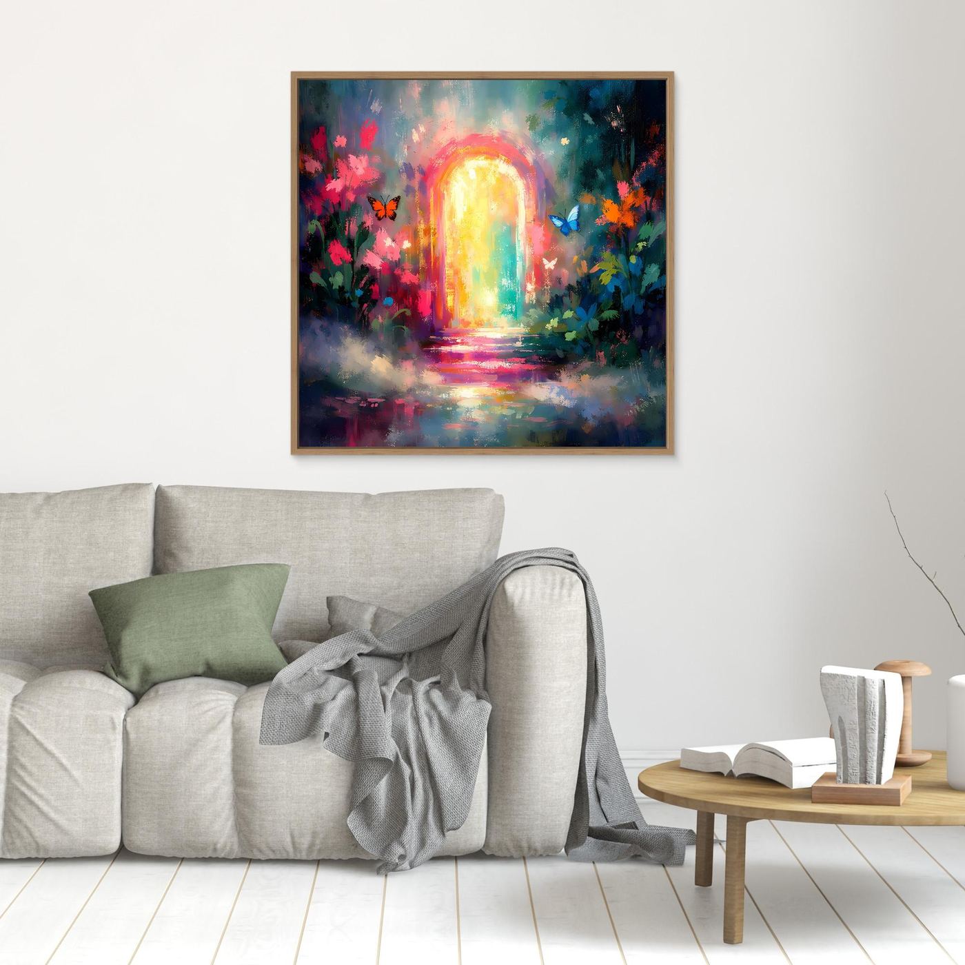 Kleines Leinwand-Wandbild mit Lichtbogen und Regenbogenfarben, Blumen und Schmetterlingen, Holzrahmen