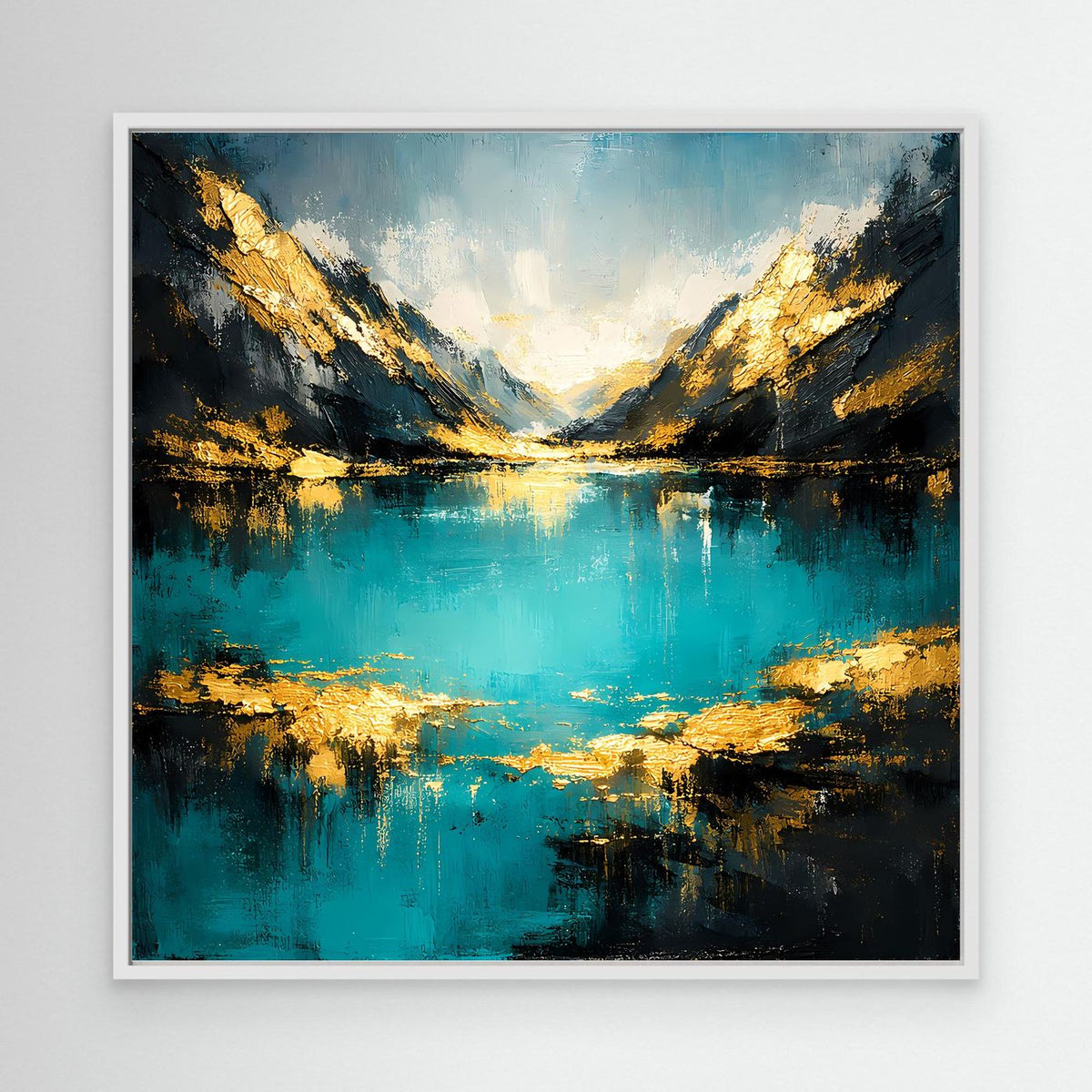 Abstraktes Leinwand-Wandbild: Bergsee-Spiegelung in Türkis und Gold, ohne Rahmen