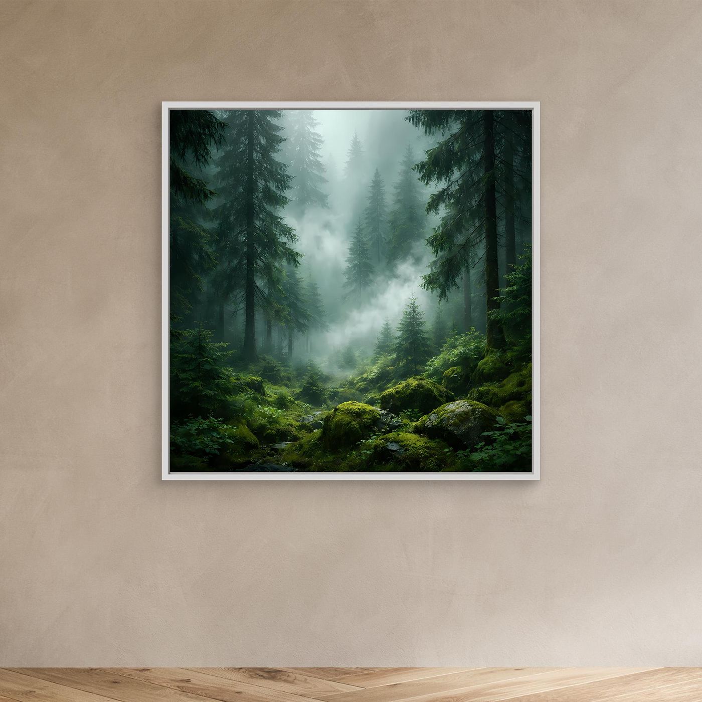 Quadratisches Leinwandbild Wald mit Nebel, Tannen und moosigen Felsen, weißer Rahmen
