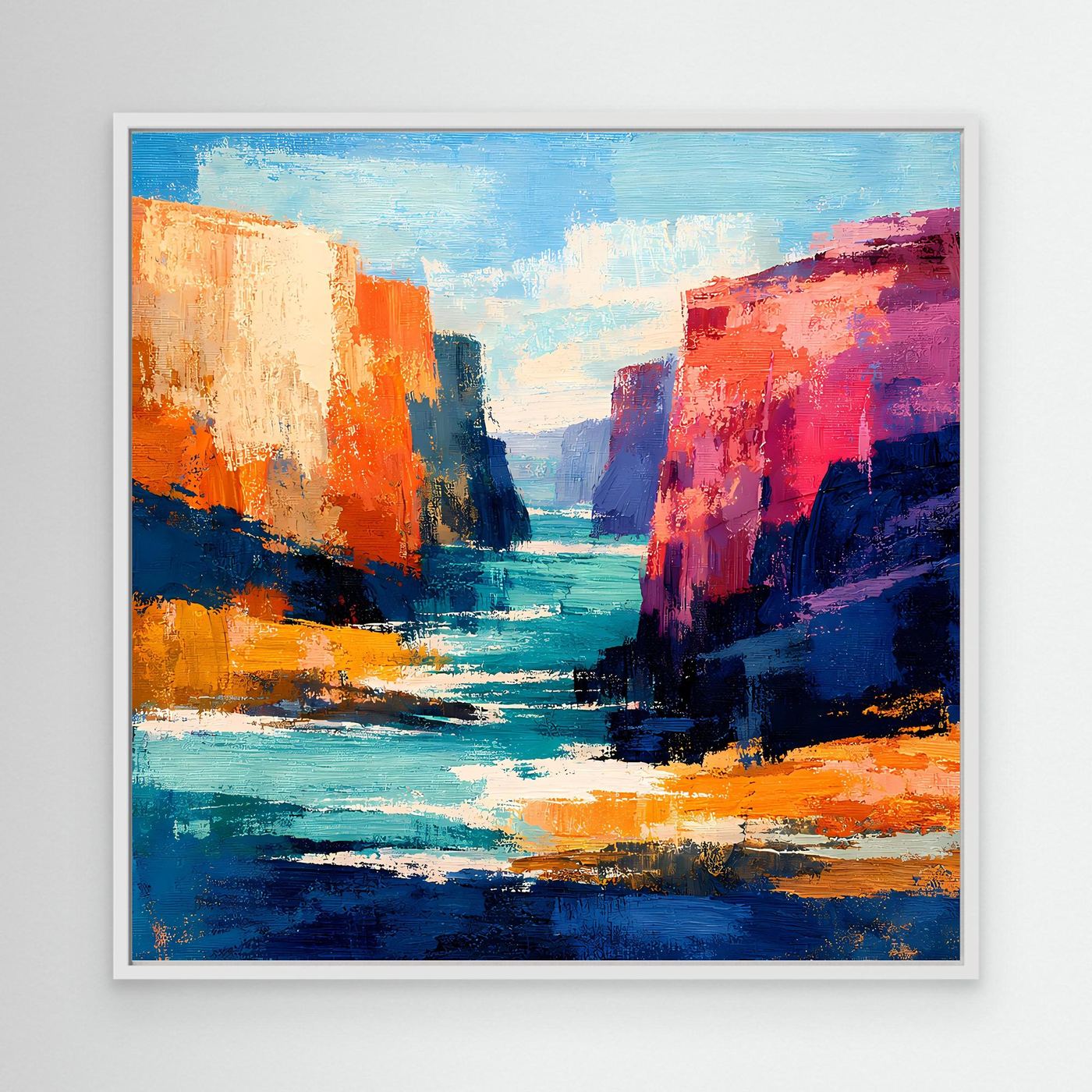 Abstraktes Leinwandbild mit Fluss und farbigen Felswänden, weißer Rahmen