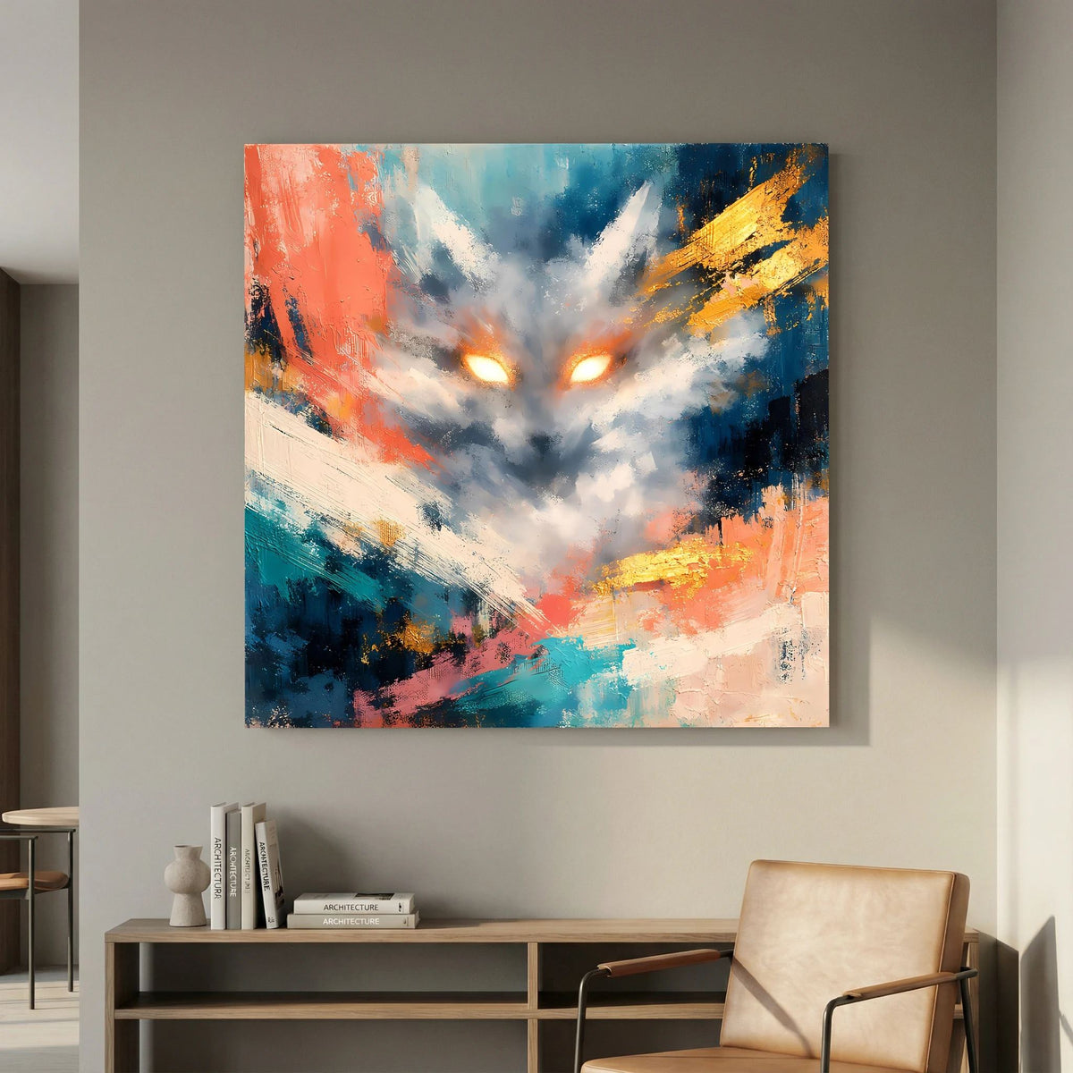 Quadratisches Leinwandbild: abstrakter Fuchs mit leuchtenden Augen, dynamische Farbflächen