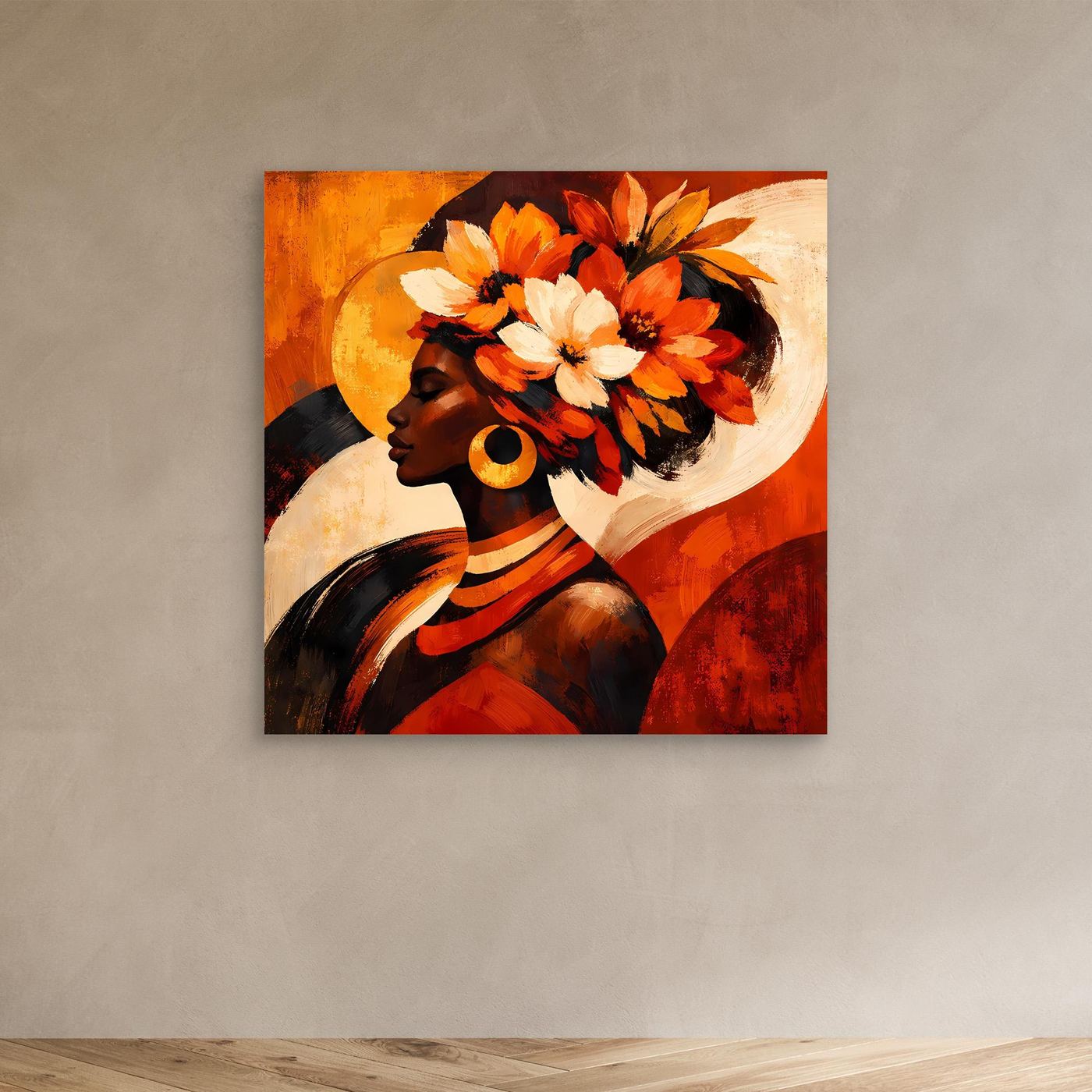 Leinwandbild mit Porträt einer Frau im Profil, orange-weißer Blumenkranz