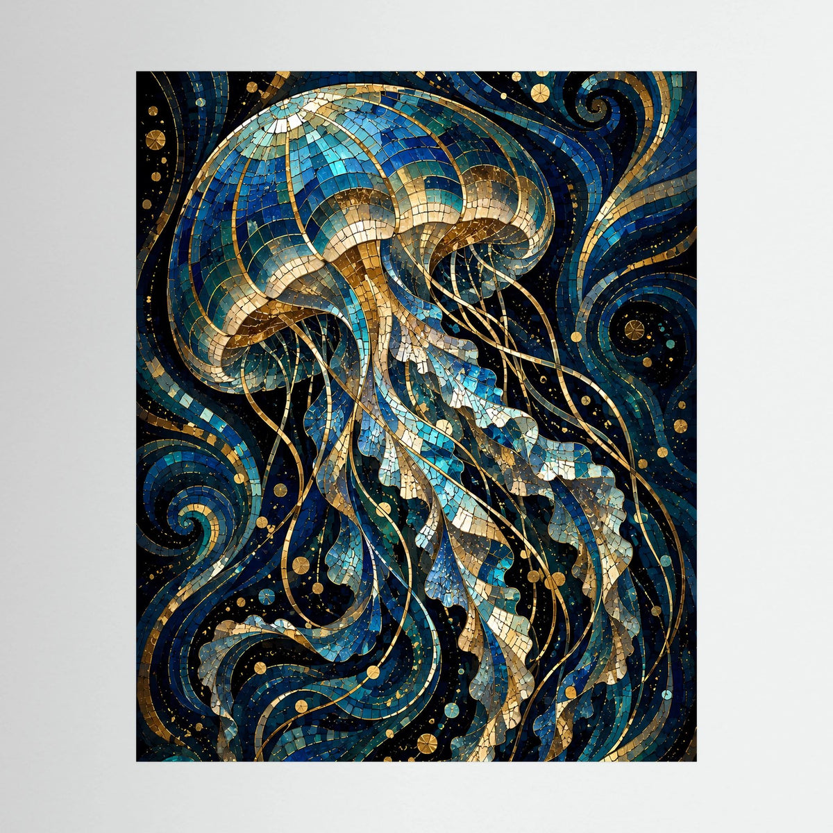 Poster mit Mosaik-Quallen-Motiv in Blau und Gold, hochformatig, ohne Rahmen