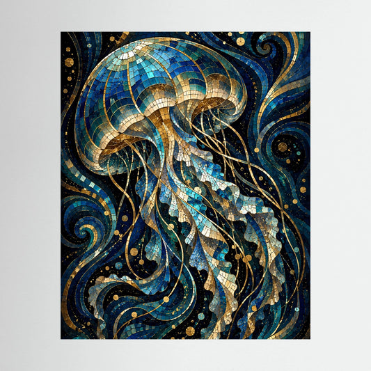Poster mit Mosaik-Quallen-Motiv in Blau und Gold, hochformatig, ohne Rahmen