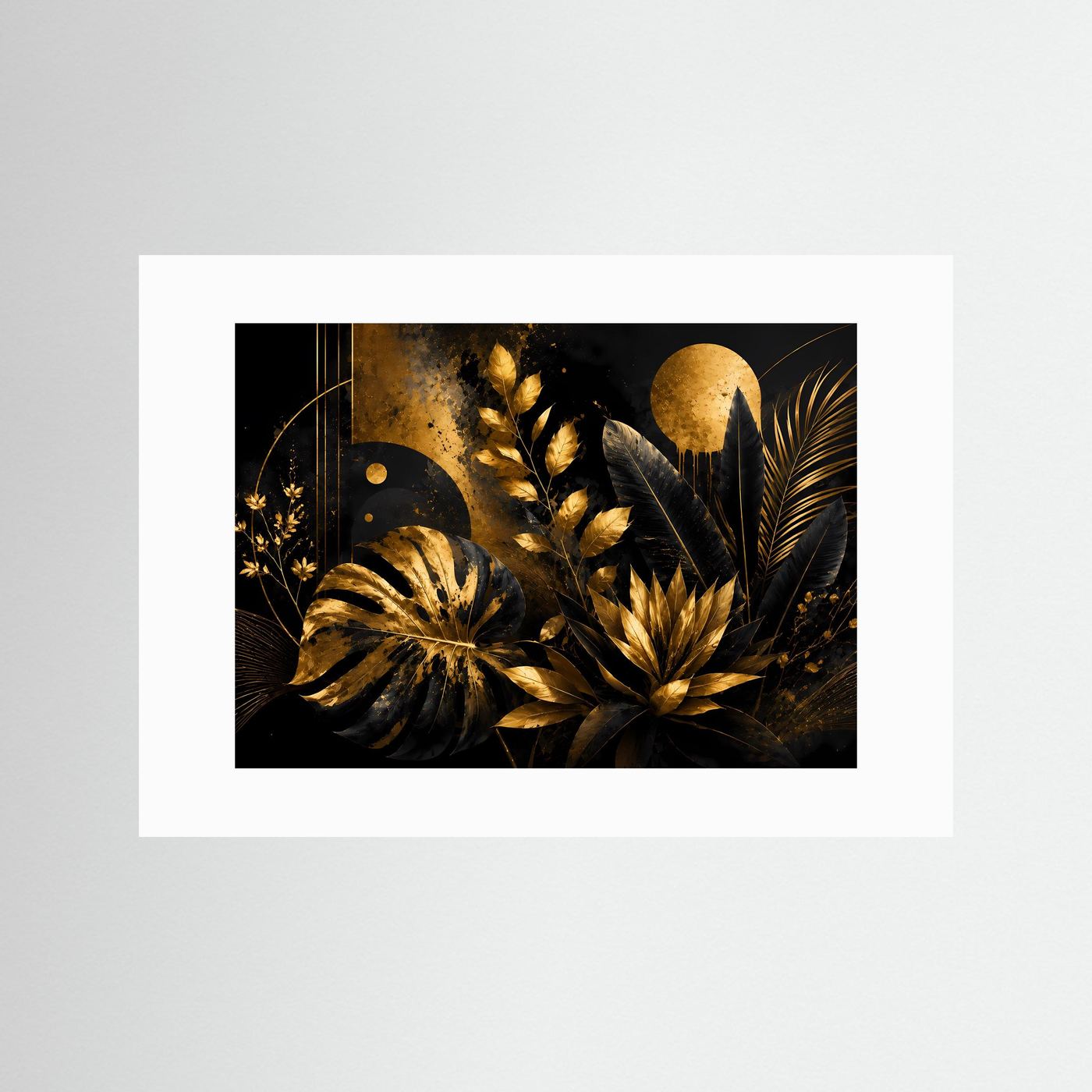 Luxuriöse Tropische Blätter in Schwarz & Gold | Abstrakte Botanische Wandkunst mit Monstera, Palmenblättern und exotischen Pflanzen | Elegantes Premium Wandbild im Querformat