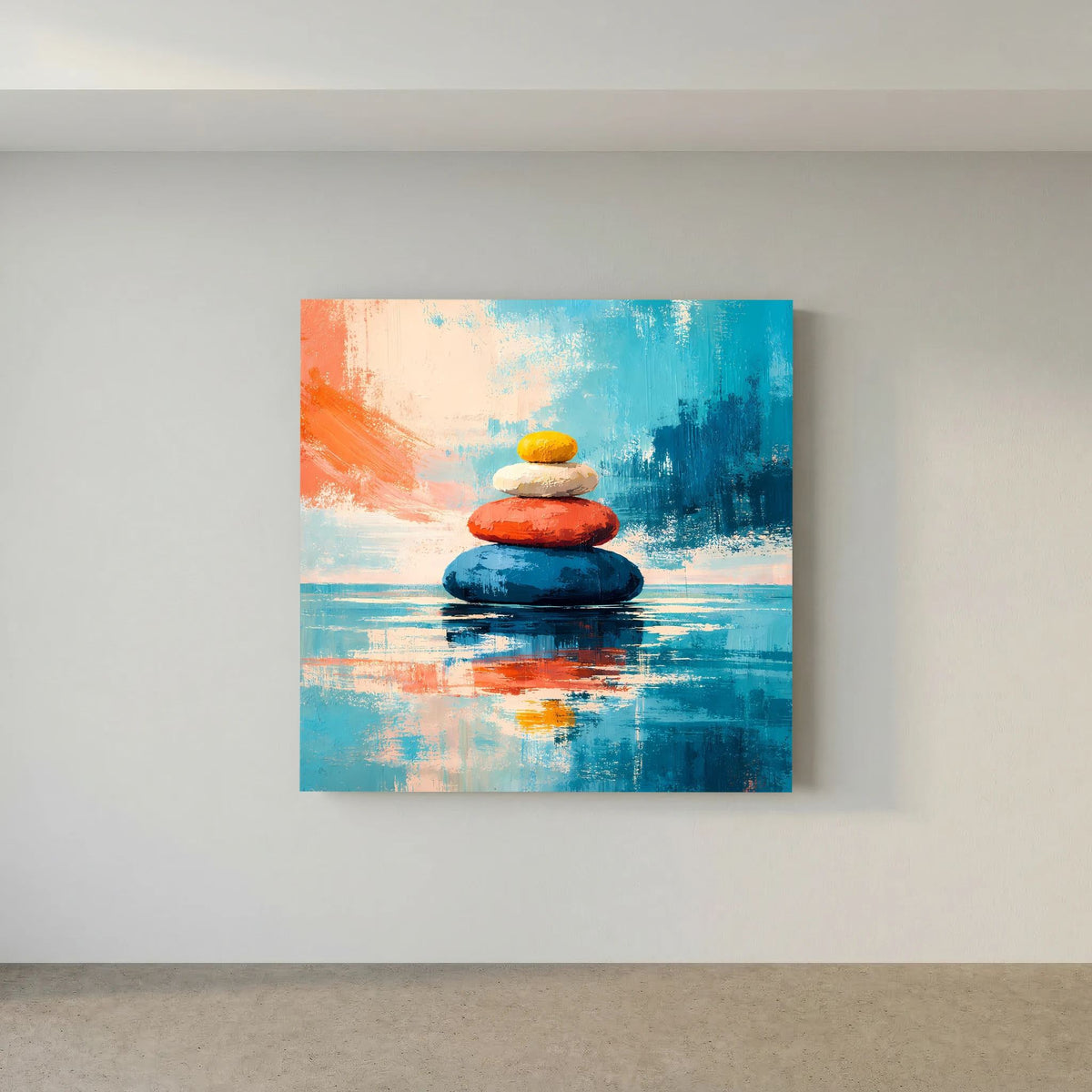 Leinwandbild mit gestapelten Steinen, blau-rotes Farbspiel, gelbe oberste Kugel, Wasserreflex