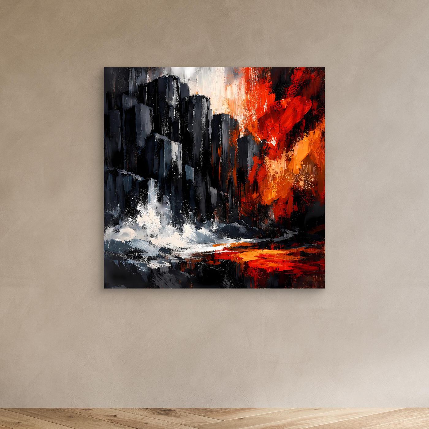 Abstraktes Leinwand-Wandbild ohne Rahmen: dunkle Felsen, Rot und weiße Farbspritzer