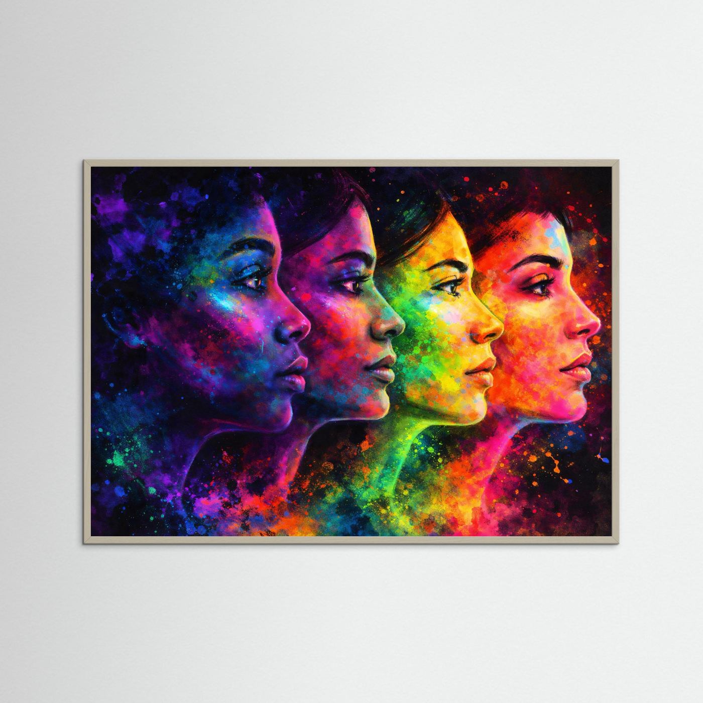 Vier Frauenprofile als farbiges Wandbild, leichter Holzrahmen, leuchtende Farben.