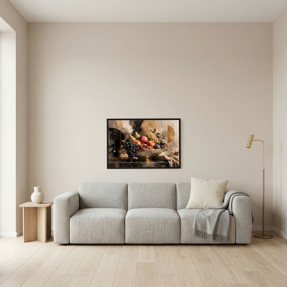 Wandkunst-Poster: Obstschale mit Granatapfel und Trauben, schwarz gerahmt, querformatig