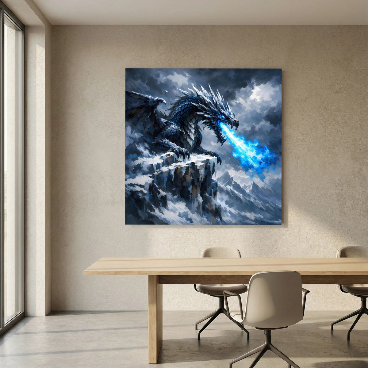Fantasy-Leinwandbild: blauer Eisdrache auf Felsgipfel mit leuchtender Eisflamme