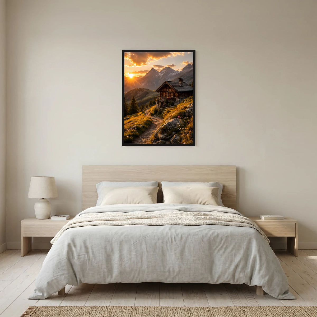 Hochformat-Poster mit schwarzem Rahmen, Alpenhütte im Sonnenuntergang über Bergpfad