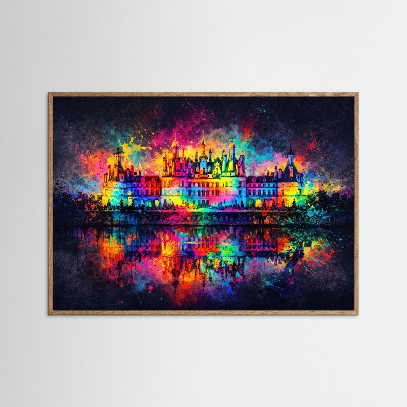 Prachtvolles Schloss mit Wasserspiegelung im Farbexplosion-Stil | Abstrakte Kunst Poster Querformat