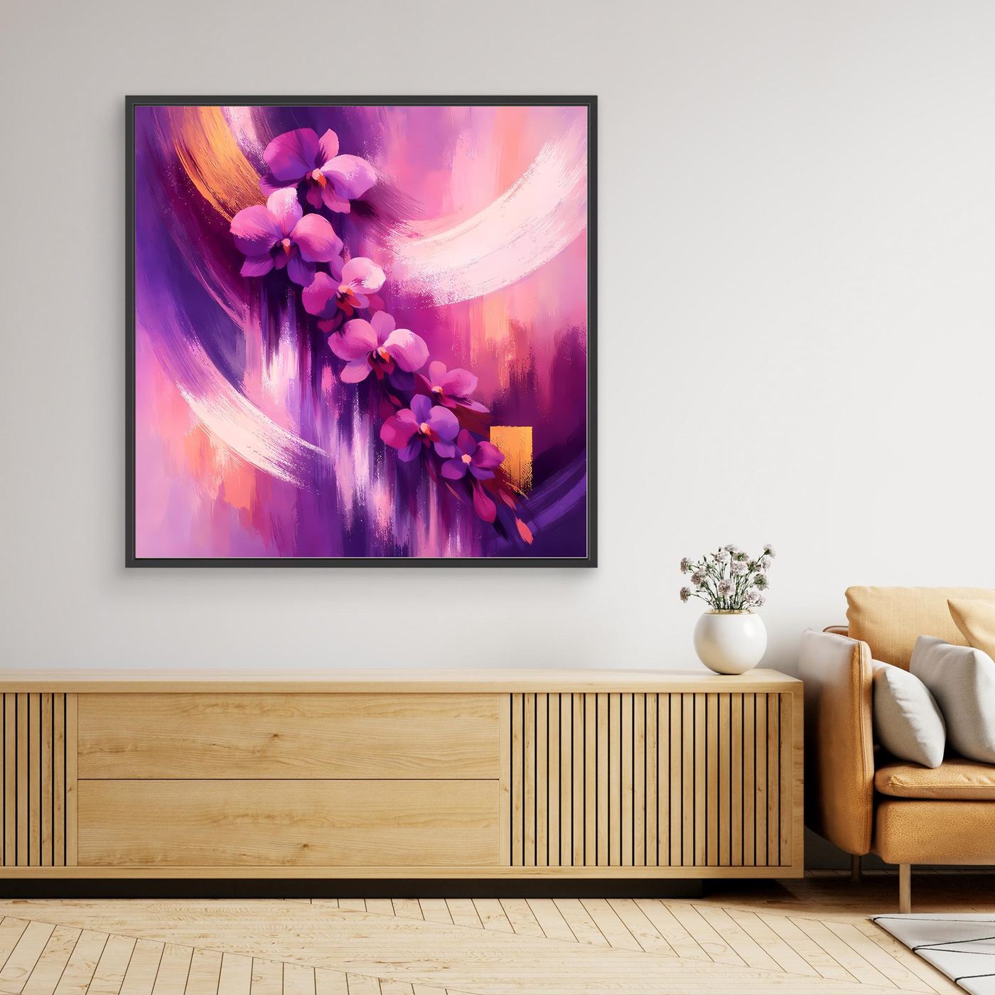 Leinwand-Wandbild abstrakte Orchideen in Lila & Rosa, schwarzer Rahmen