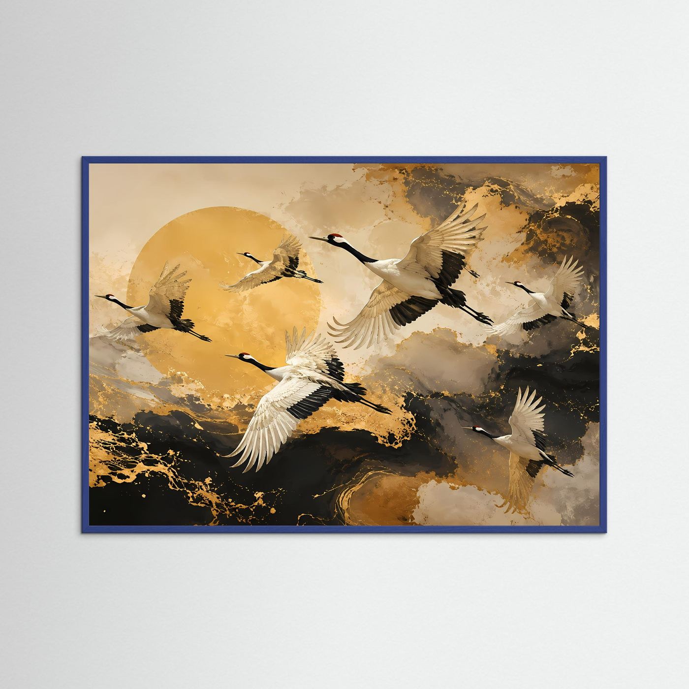 Anmutige Kraniche im goldenen Morgenlicht | Asiatische Natur & Abstrakte Kunst Poster Querformat