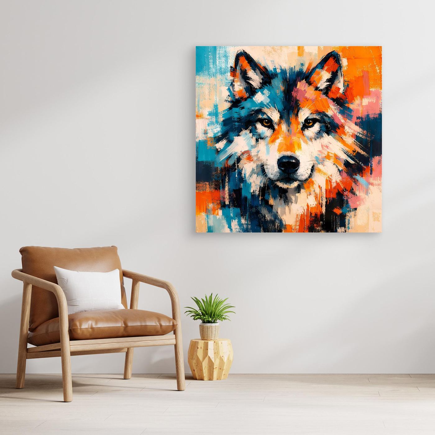 Framed abstract wolf canvas wall art with blue teal and orange paint accents