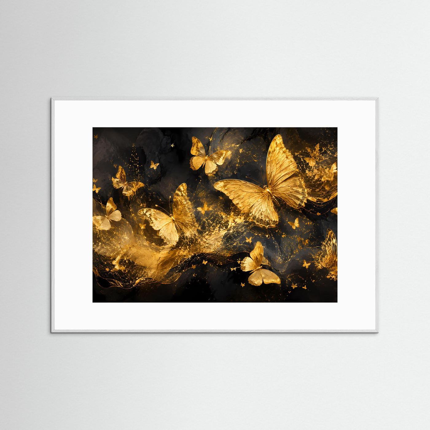 Goldene Schmetterlinge Poster | Luxuriöse Schwarz Gold Wandkunst | Elegantes Abstraktes Schmetterlingsbild | Modernes Wandbild | Premium Wall Art