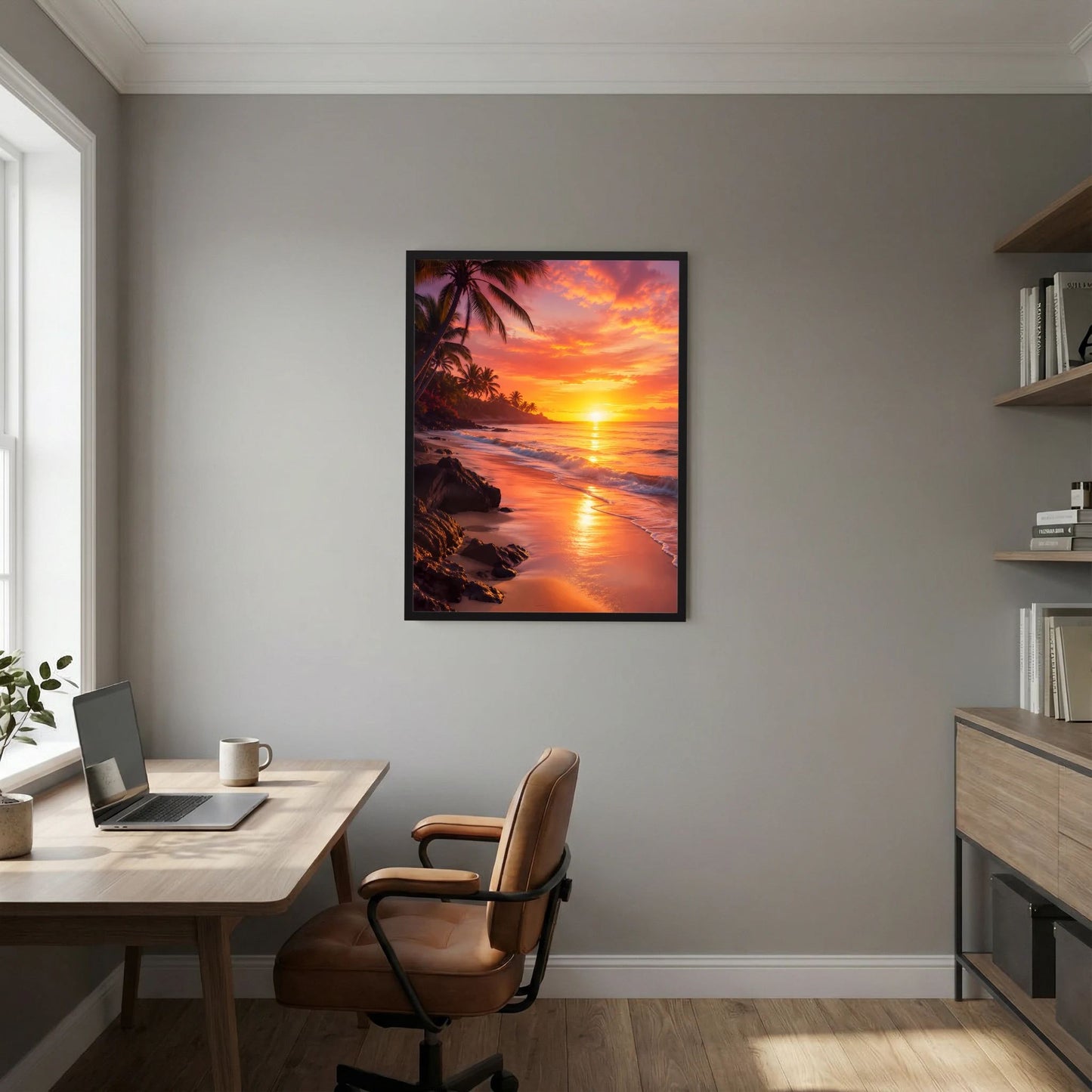 Poster Hochformat Strand-Sonnenuntergang, Palmen am Ufer, orangefarbenes Licht, schwarzer Rahmen