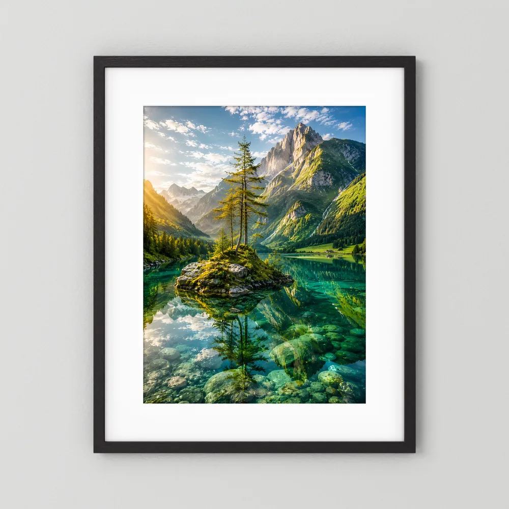 Hochformatiges Poster mit schwarzem Rahmen: Bauminsel im grünen Bergsee und Berge.
