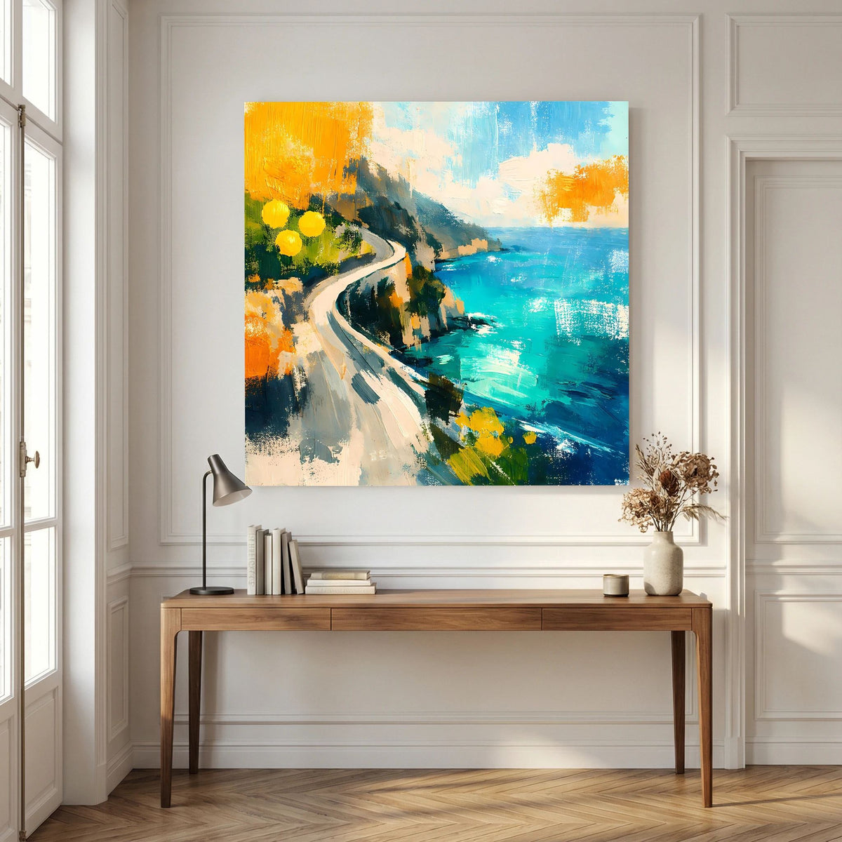 Abstraktes Leinwandbild mit Uferstraße, orangefarbenem Himmel und türkisfarbenen Wellen