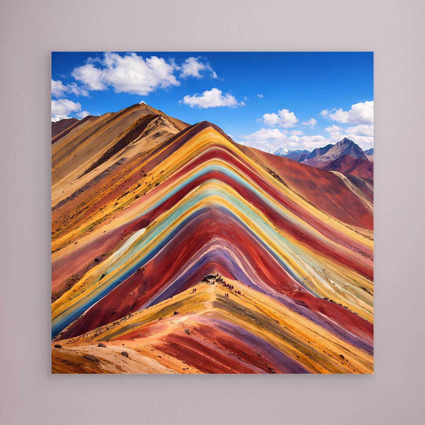 Leinwandbild ohne sichtbaren Rahmen, abstrakte Regenbogen-Gebirgslandschaft mit farbigen Linien
