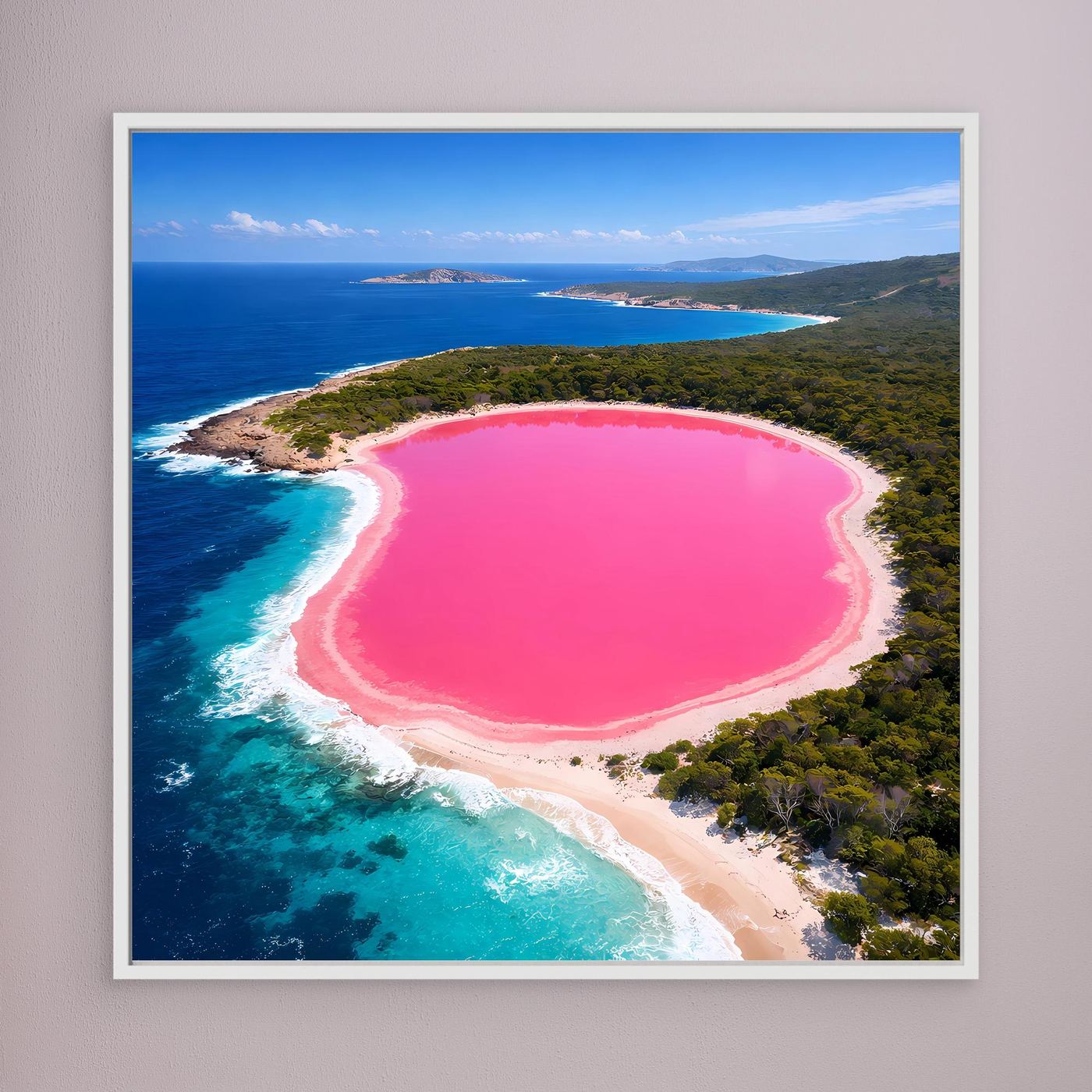 Leinwandbild mit rosa See und türkisfarbener Küste im Hochformat, weißer Rahmen