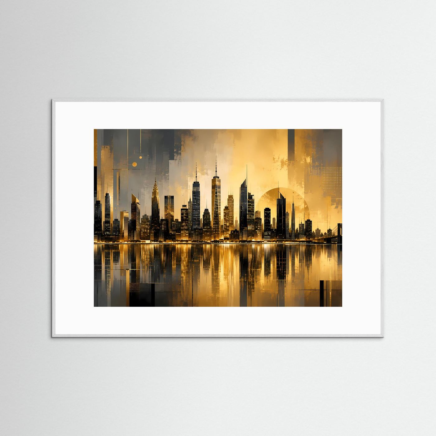 Goldene Skyline am Wasser | Moderne abstrakte City Kunst